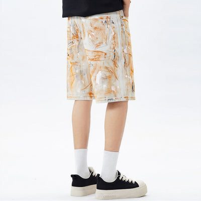 Men's Summer Off-White Orange Splatter Straight Denim Shorts