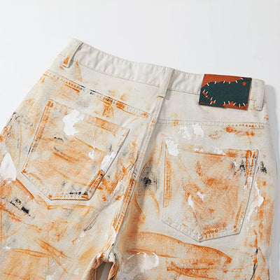 Men's Summer Off-White Orange Splatter Straight Denim Shorts