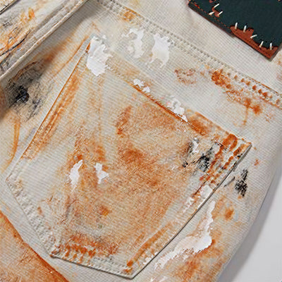 Men's Summer Off-White Orange Splatter Straight Denim Shorts
