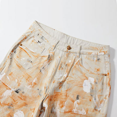 Men's Summer Off-White Orange Splatter Straight Denim Shorts