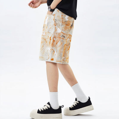 Men's Summer Off-White Orange Splatter Straight Denim Shorts