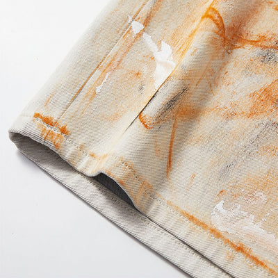 Men's Summer Off-White Orange Splatter Straight Denim Shorts