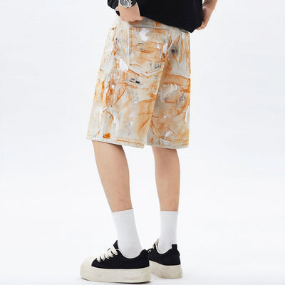 Men's Summer Off-White Orange Splatter Straight Denim Shorts