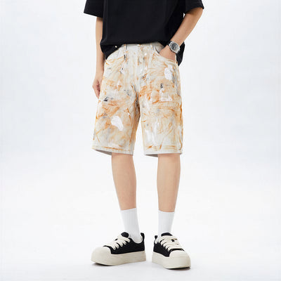 Men's Summer Off-White Orange Splatter Straight Denim Shorts