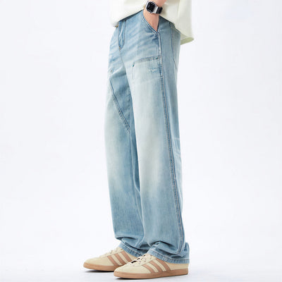 Men's Spring Light Blue Carpenter Washed Straight Jeans