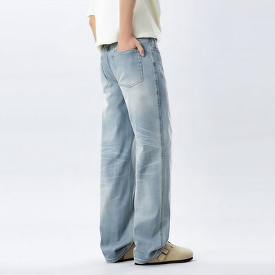 Men's Spring Light Blue Washed Straight Leg Denim Jeans