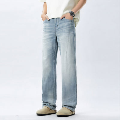 Men's Spring Light Blue Washed Straight Leg Denim Jeans