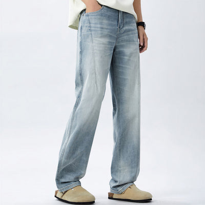 Men's Spring Light Blue Washed Straight Leg Denim Jeans