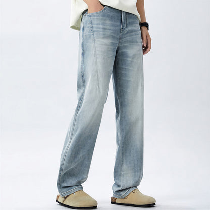 Men's Spring Light Blue Washed Straight Leg Denim Jeans
