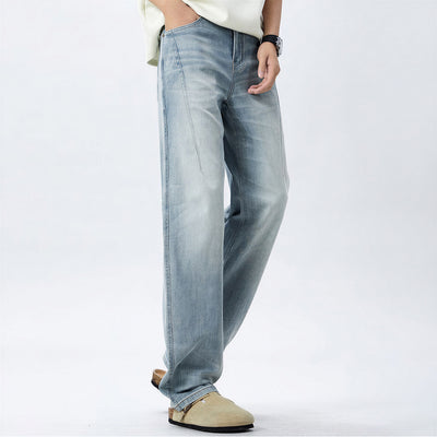 Men's Spring Light Blue Washed Straight Leg Denim Jeans
