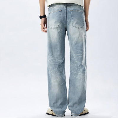 Men's Spring Light Blue Washed Straight Leg Denim Jeans