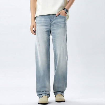 Men's Spring Light Blue Washed Straight Leg Denim Jeans