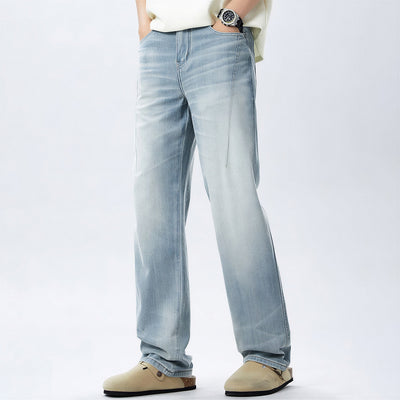 Men's Spring Light Blue Washed Straight Leg Denim Jeans