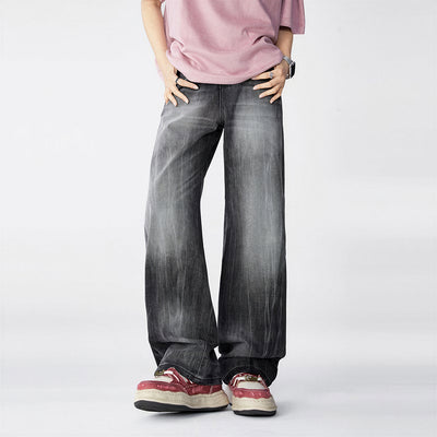 Men's Spring Gradient Black-Grey Washed Wide Leg Denim Jeans