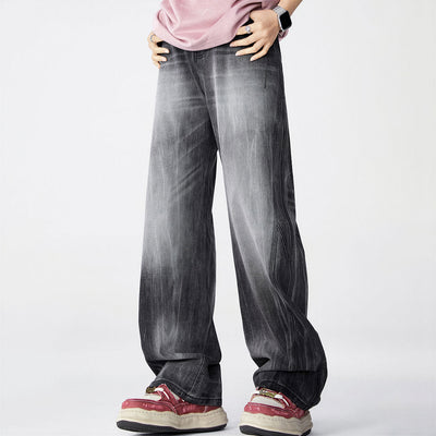 Men's Spring Gradient Black-Grey Washed Wide Leg Denim Jeans