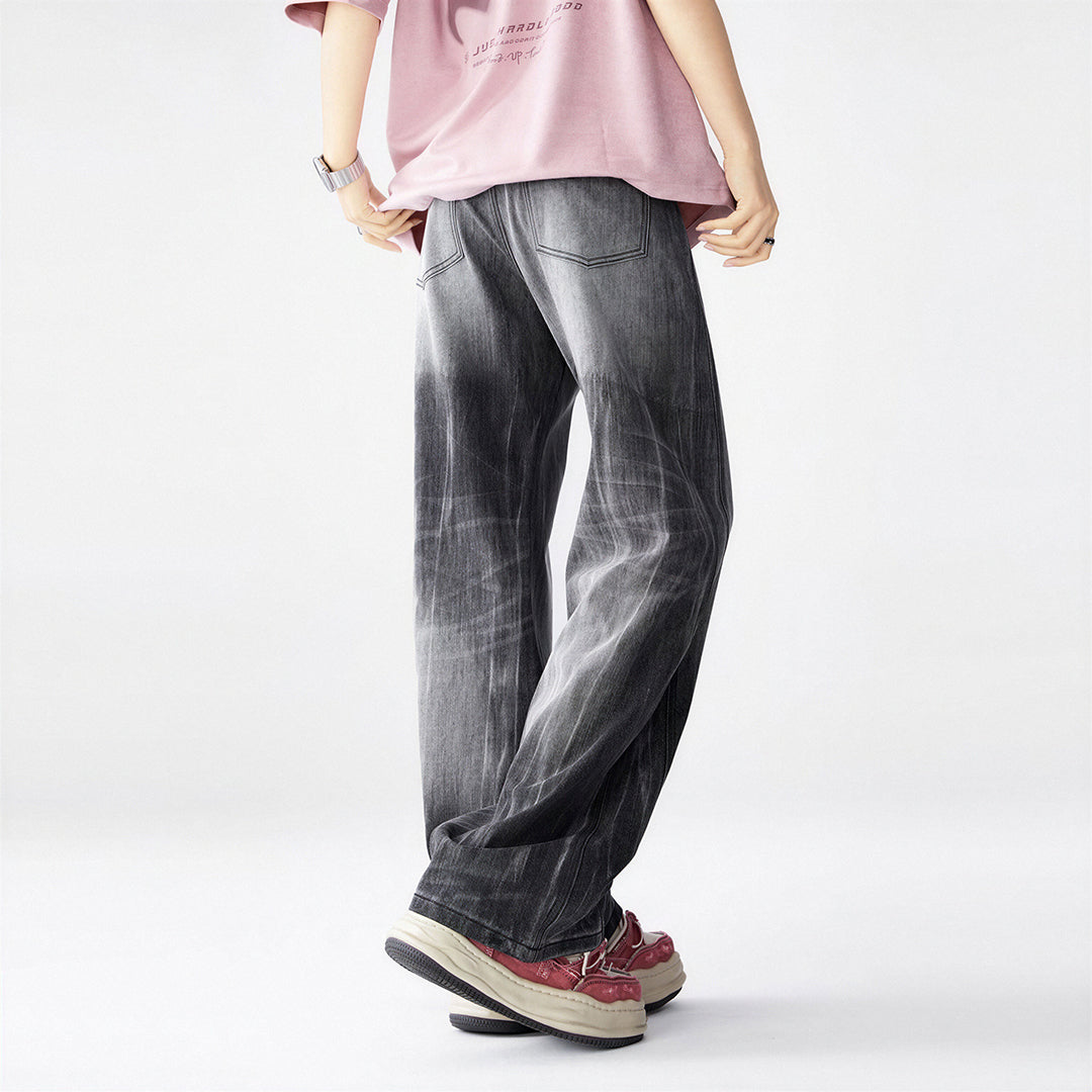 Men's Spring Gradient Black-Grey Washed Wide Leg Denim Jeans