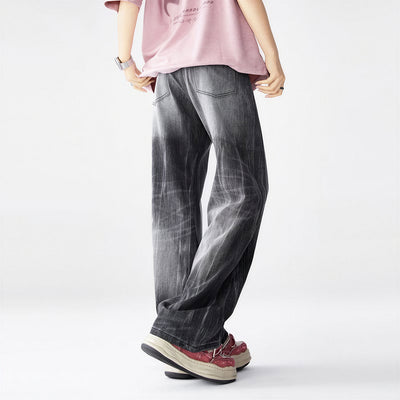 Men's Spring Gradient Black-Grey Washed Wide Leg Denim Jeans