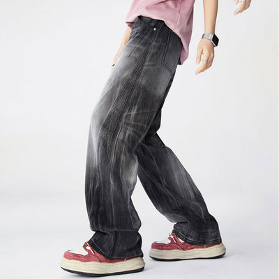 Men's Spring Gradient Black-Grey Washed Wide Leg Denim Jeans