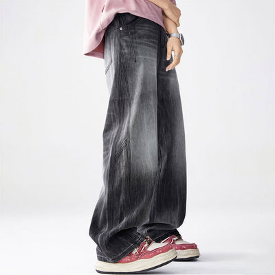 Men's Spring Gradient Black-Grey Washed Wide Leg Denim Jeans