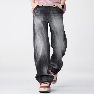 Men's Spring Gradient Black-Grey Washed Wide Leg Denim Jeans