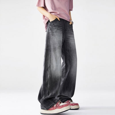 Men's Spring Gradient Black-Grey Washed Wide Leg Denim Jeans