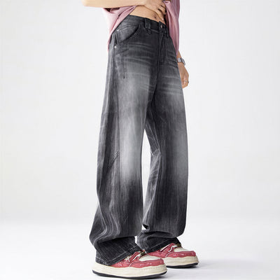 Men's Spring Gradient Black-Grey Washed Wide Leg Denim Jeans