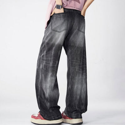 Men's Spring Gradient Black-Grey Washed Wide Leg Denim Jeans