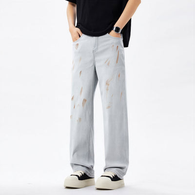 Men's Spring Light Grey Splatter Print Straight Denim Jeans