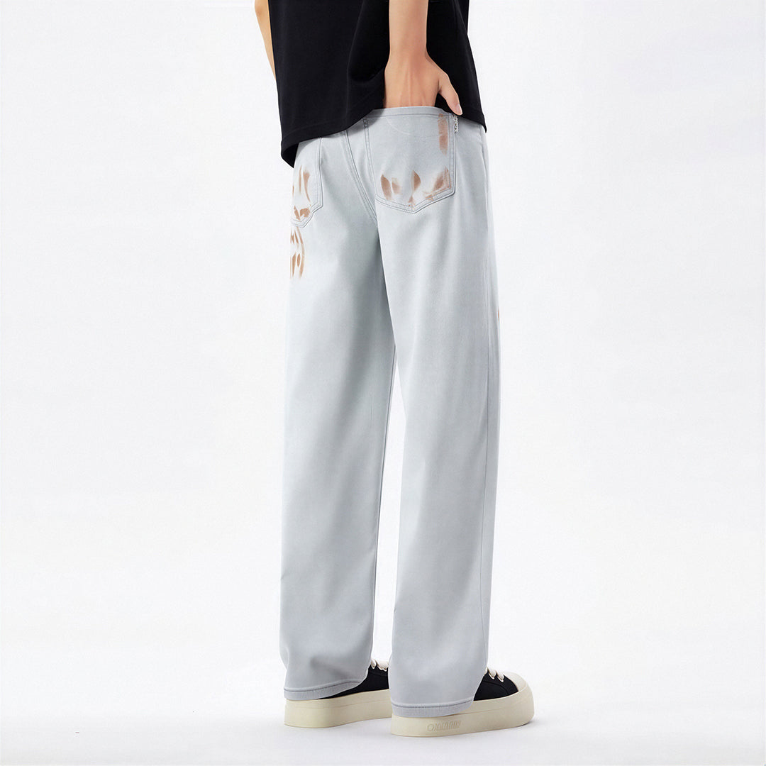 Men's Spring Light Grey Splatter Print Straight Denim Jeans