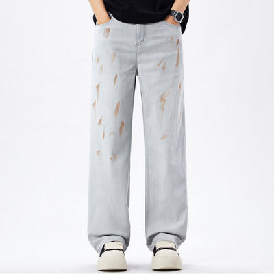 Men's Spring Light Grey Splatter Print Straight Denim Jeans
