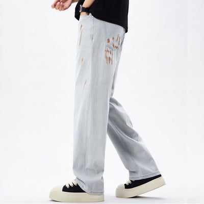 Men's Spring Light Grey Splatter Print Straight Denim Jeans