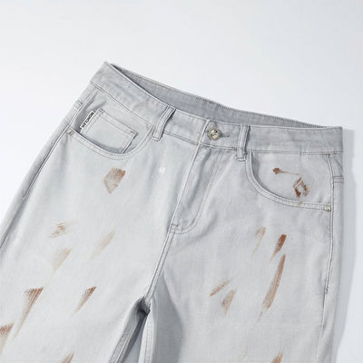 Men's Spring Light Grey Splatter Print Straight Denim Jeans