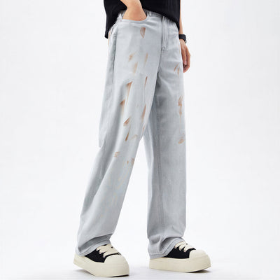 Men's Spring Light Grey Splatter Print Straight Denim Jeans