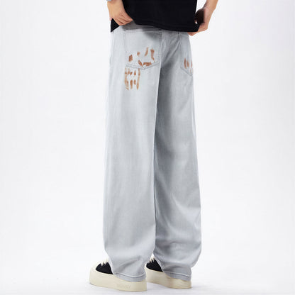 Men's Spring Light Grey Splatter Print Straight Denim Jeans