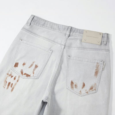 Men's Spring Light Grey Splatter Print Straight Denim Jeans