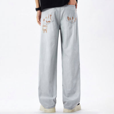 Men's Spring Light Grey Splatter Print Straight Denim Jeans