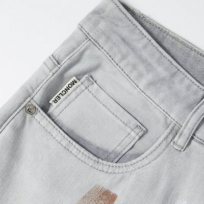 Men's Spring Light Grey Splatter Print Straight Denim Jeans