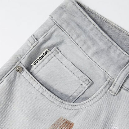 Men's Spring Light Grey Splatter Print Straight Denim Jeans