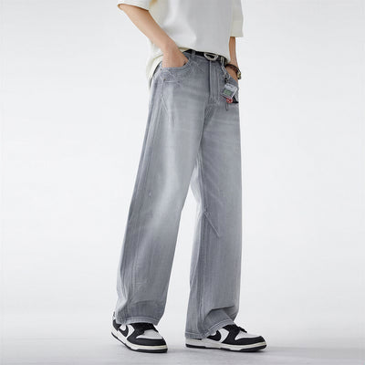 Men's Spring Light Blue Washed Wide Leg Denim Jeans