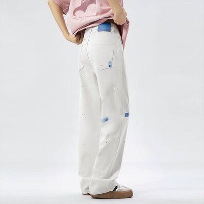 Men's Spring Off-White Blue Splatter Print Straight Jeans