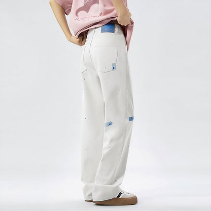 Men's Spring Off-White Blue Splatter Print Straight Jeans