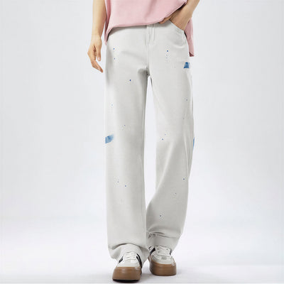 Men's Spring Off-White Blue Splatter Print Straight Jeans