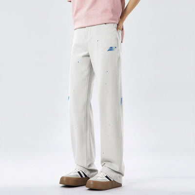 Men's Spring Off-White Blue Splatter Print Straight Jeans