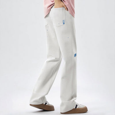 Men's Spring Off-White Blue Splatter Print Straight Jeans