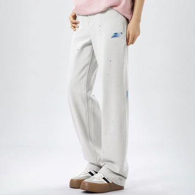 Men's Spring Off-White Blue Splatter Print Straight Jeans