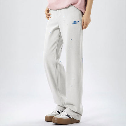 Men's Spring Off-White Blue Splatter Print Straight Jeans