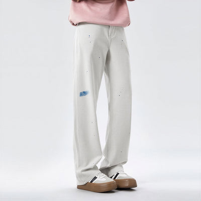 Men's Spring Off-White Blue Splatter Print Straight Jeans