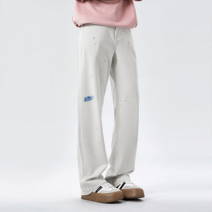 Men's Spring Off-White Blue Splatter Print Straight Jeans