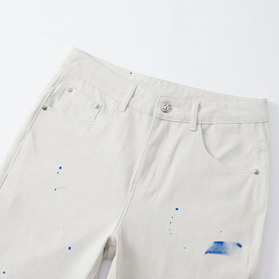 Men's Spring Off-White Blue Splatter Print Straight Jeans