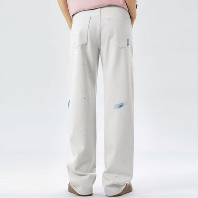 Men's Spring Off-White Blue Splatter Print Straight Jeans